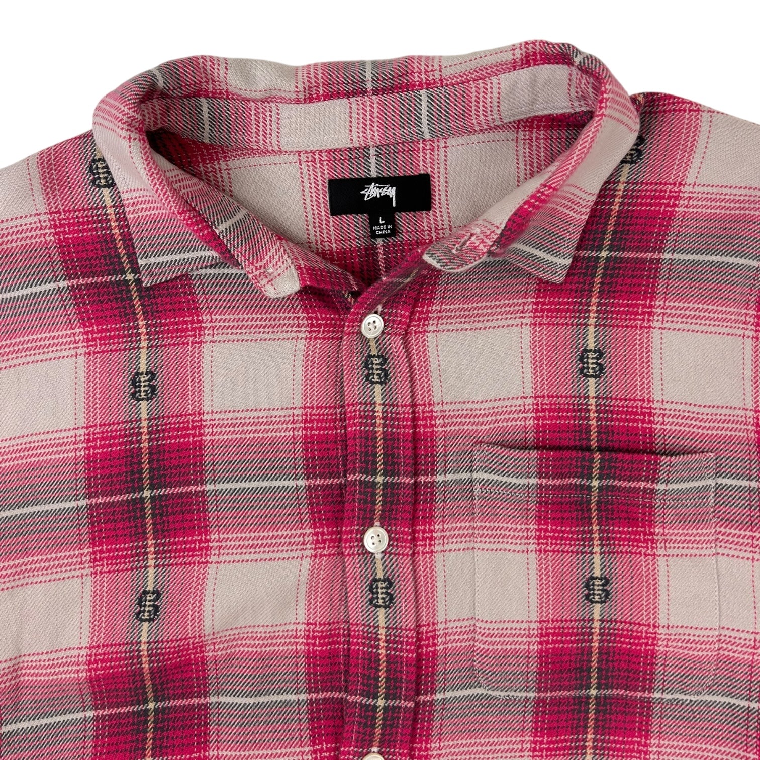 Stussy Motif Plaid Long Sleeve Button Up Flannel Shirt Pink/White