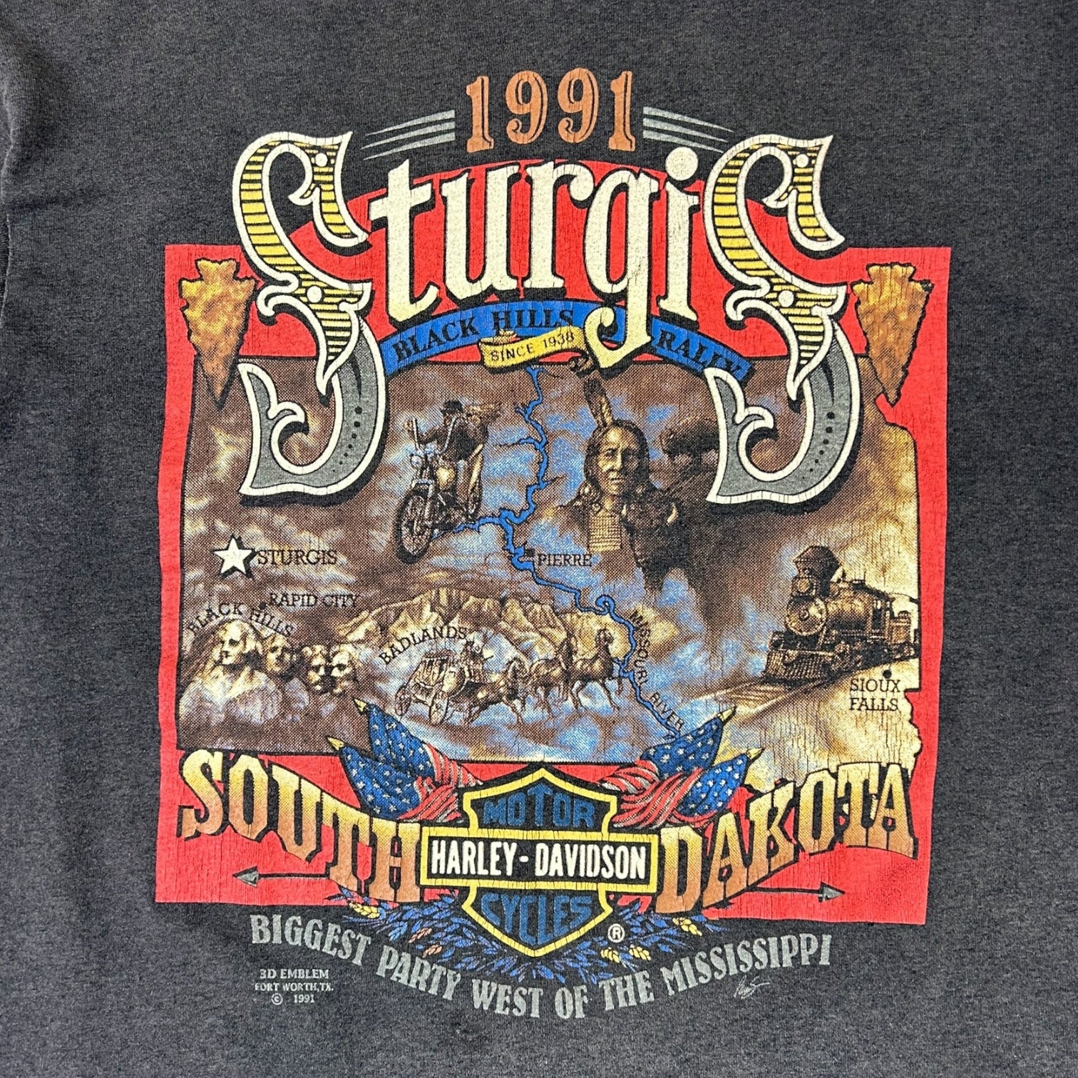 Vintage 1991 Harley Davidson Sturgis 3D Emblem T-Shirt Black