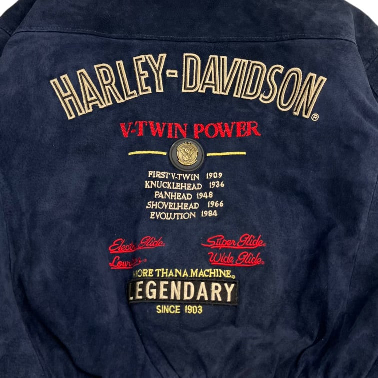 Vintage Harley Davidson Suede Bomber Jacket Navy