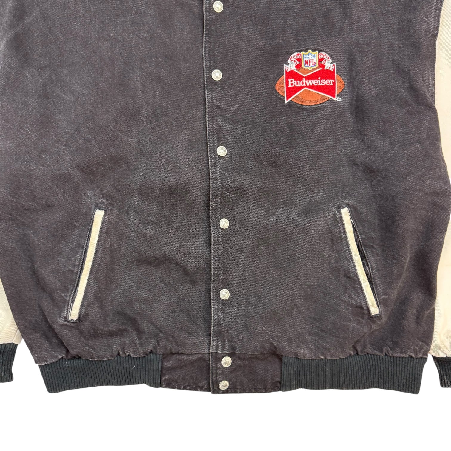 1995 Super Bowl XXIX Budweiser Denim Bomber Jacket Black/White