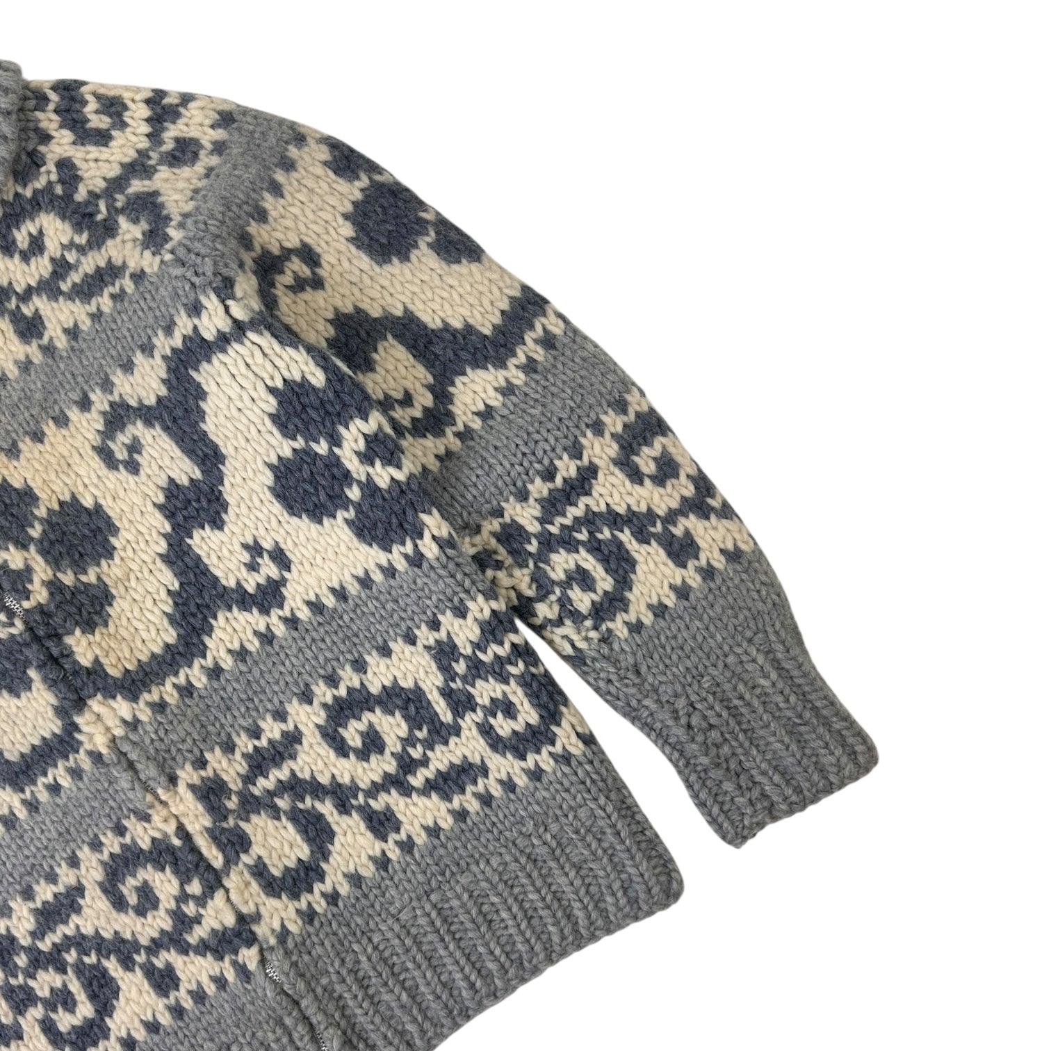 Vintage Wool Cowichan Floral Knit Zip-Up Sweater Blue/Cream