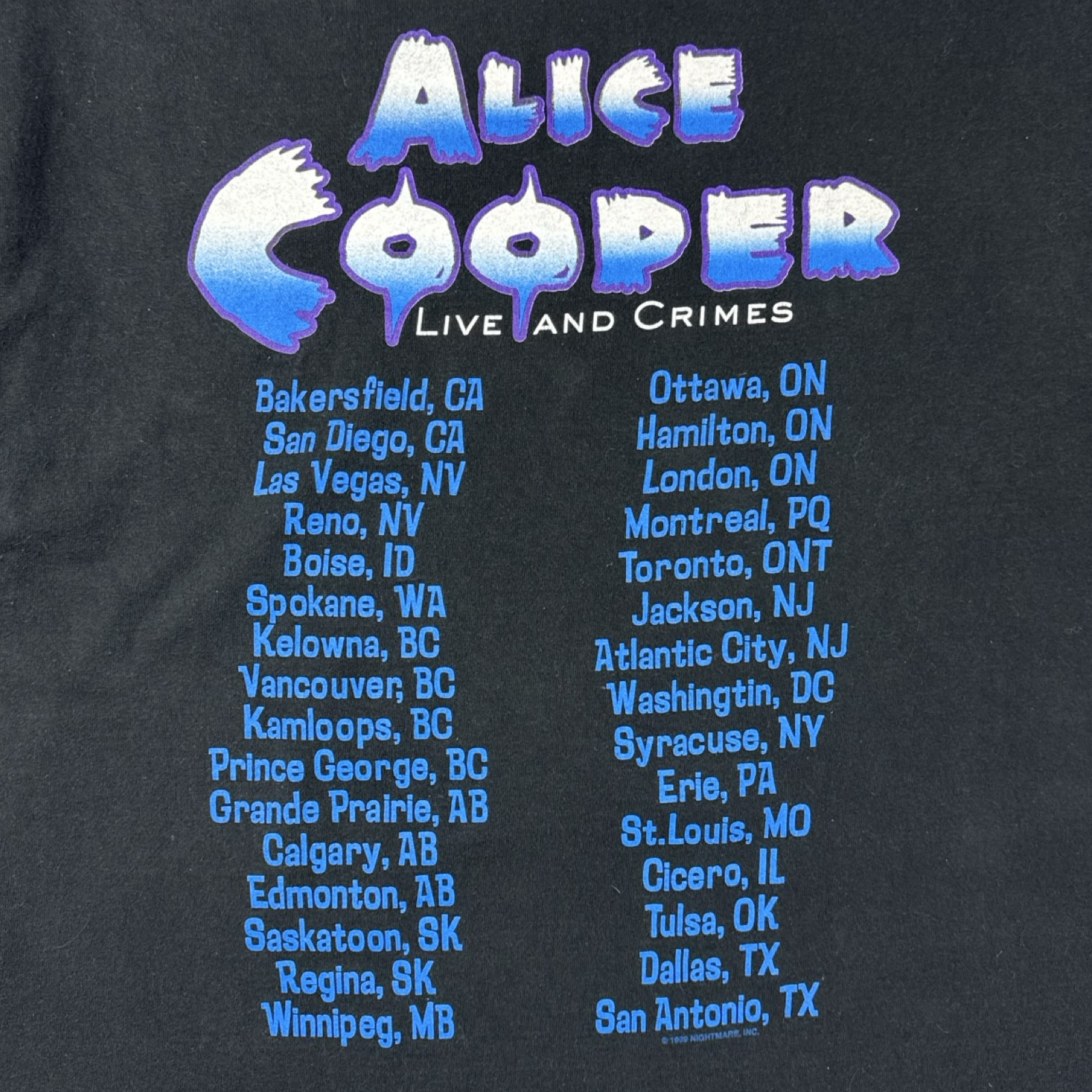 1999 Alice Cooper Live and Crime Tour T-Shirt
