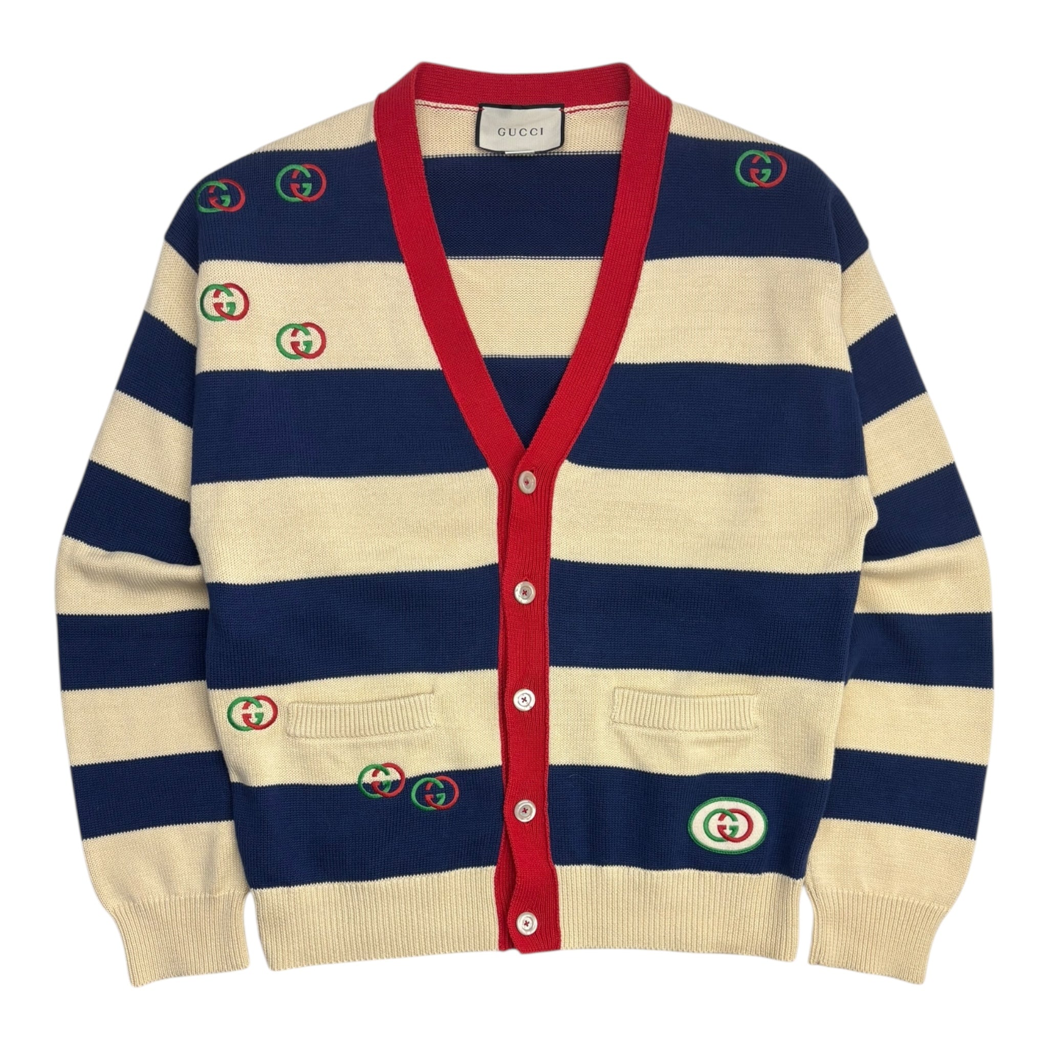 Gucci Striped Embroidered Knit Cardigan Cream/Navy