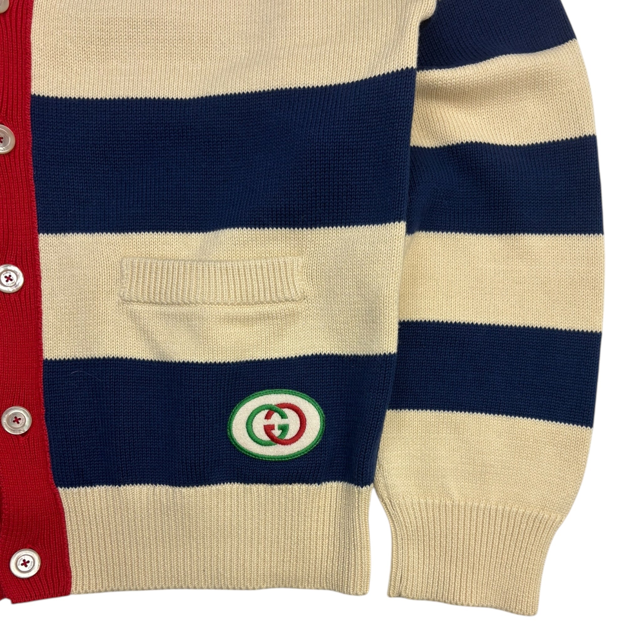 Gucci Striped Embroidered Knit Cardigan Cream/Navy