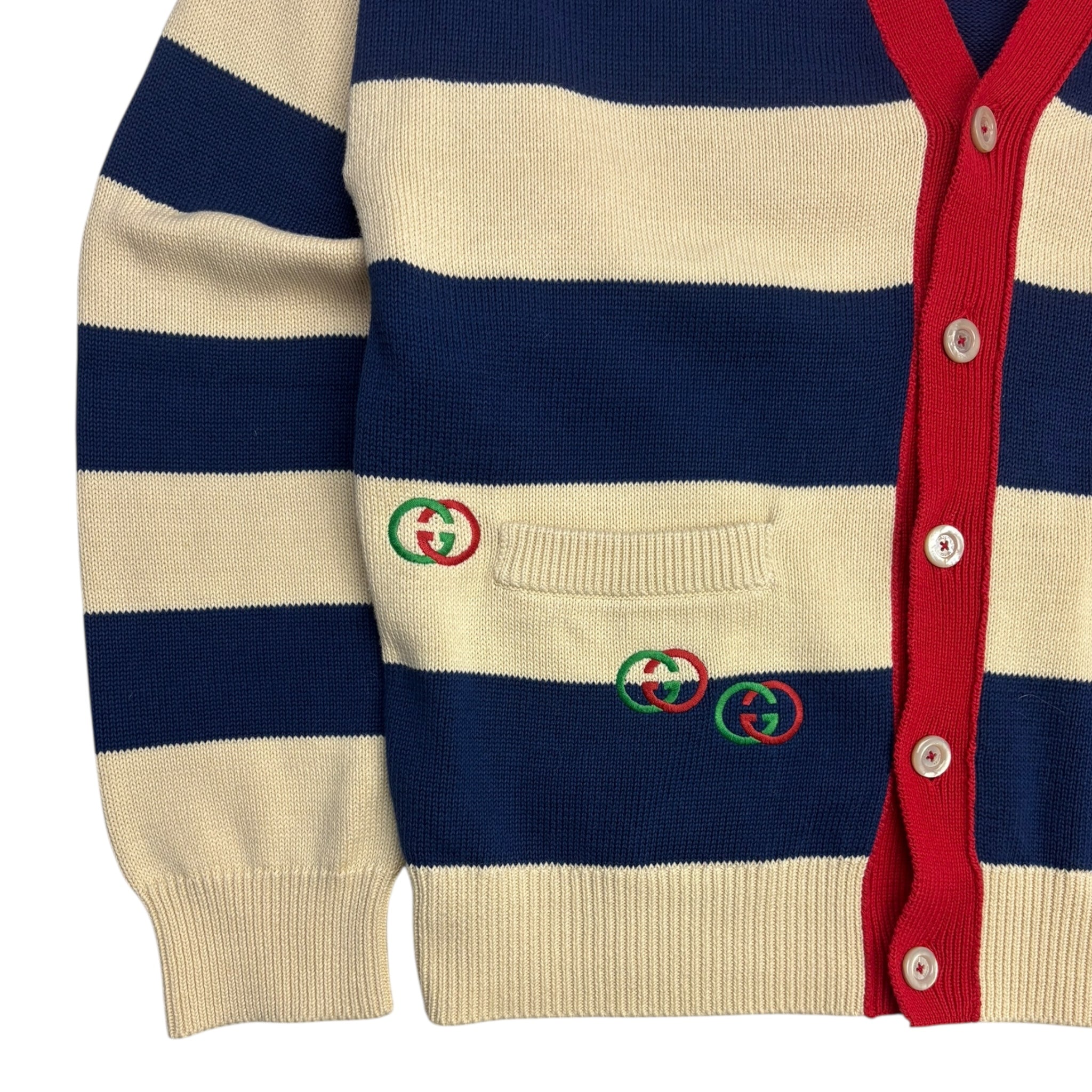 Gucci Striped Embroidered Knit Cardigan Cream/Navy