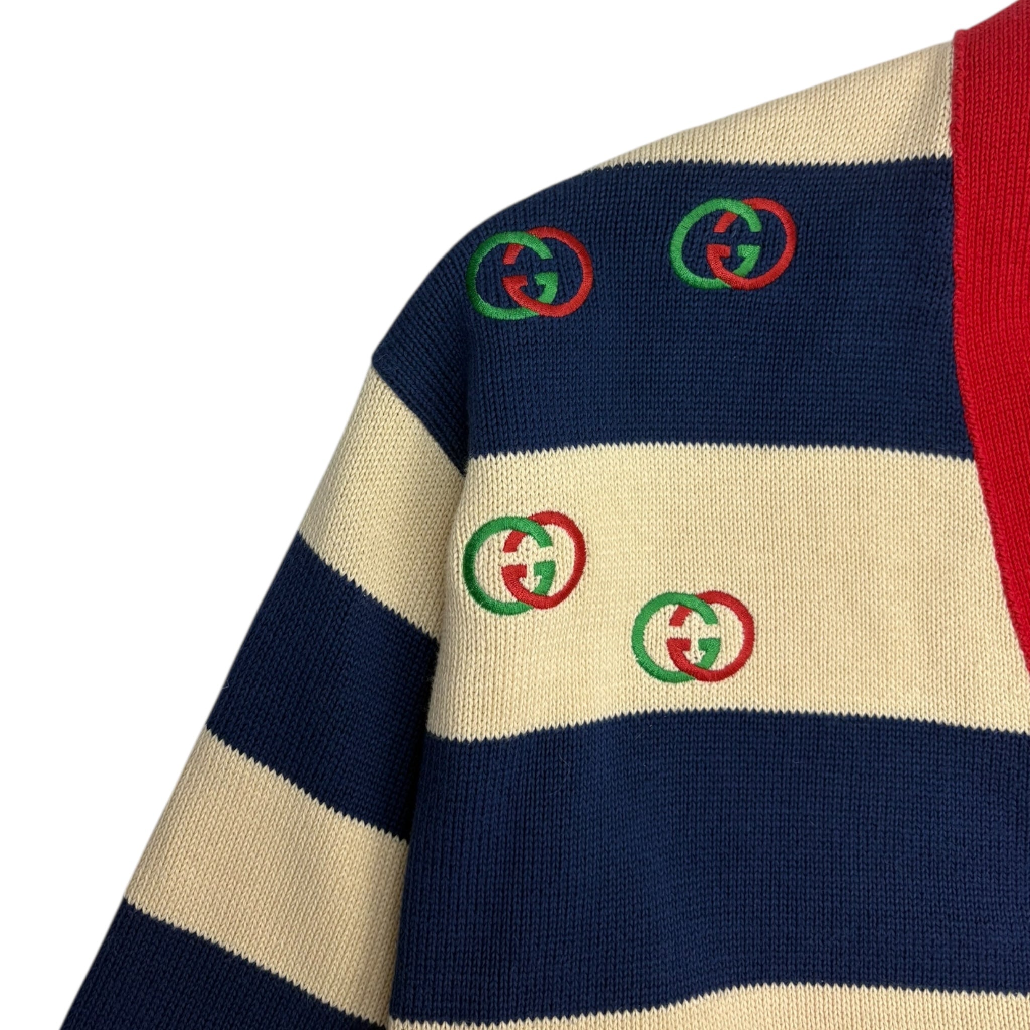Gucci Striped Embroidered Knit Cardigan Cream/Navy