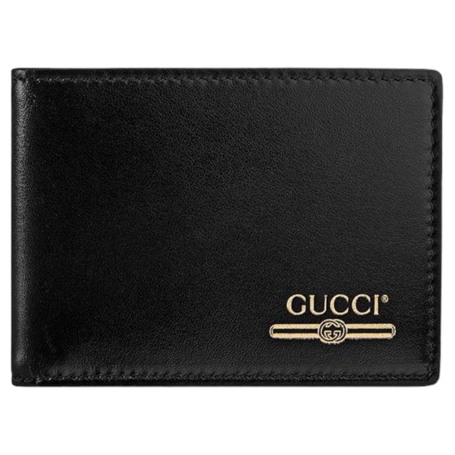 Gucci Bi Fold Black Leather Gold Print Logo Wallet