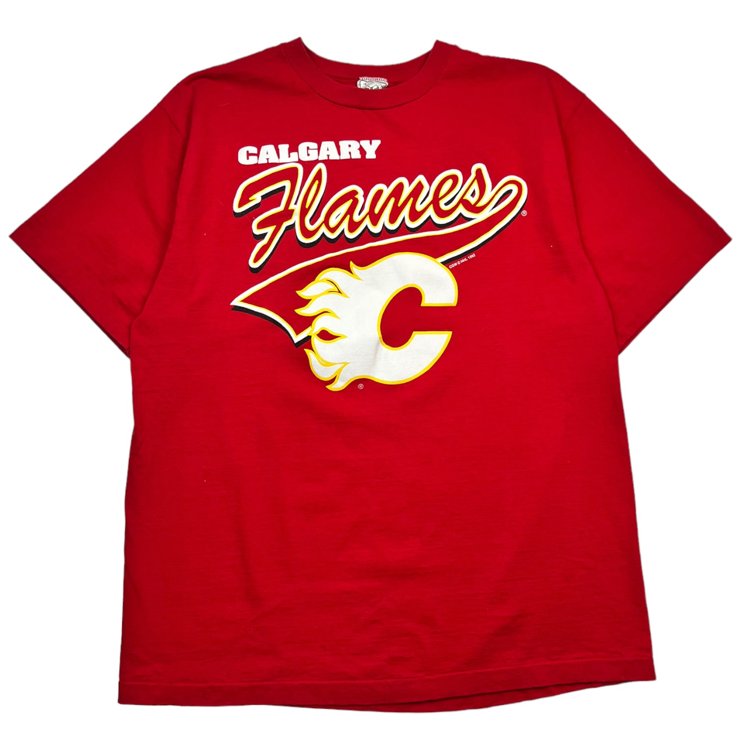 1992 Calgary Flames Logo T-shirt - Red & Yellow NHL T-Shirt